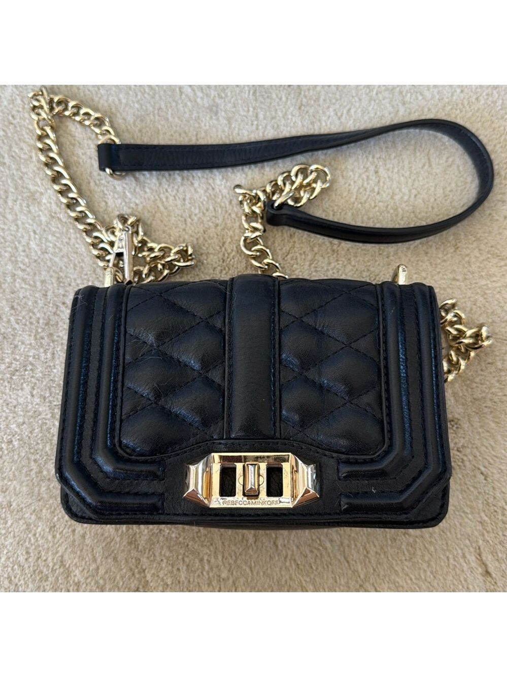 Rebecca Minkoff Black Leather Quilted Crossbody Bag With gold Chain